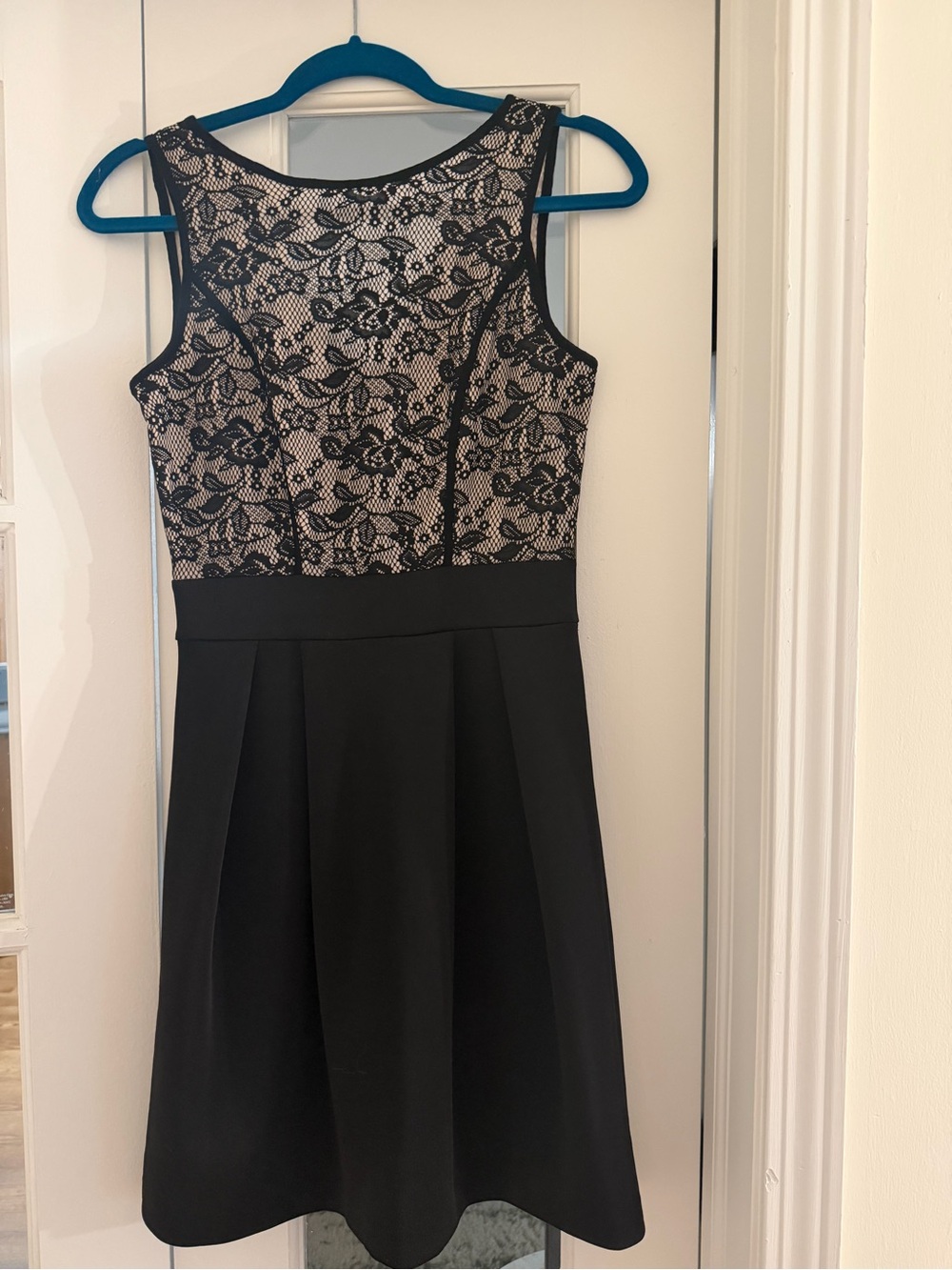 mark. Black Lace-Overlay Midi Dress with Nude Lining